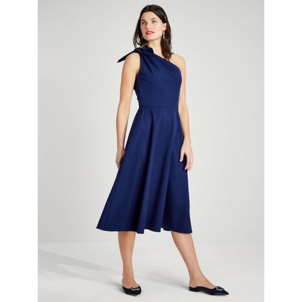 Kate Spade Navy Blue Twill One Shoulder Bow Midi Fit and Flare Dress 6 NJM00250